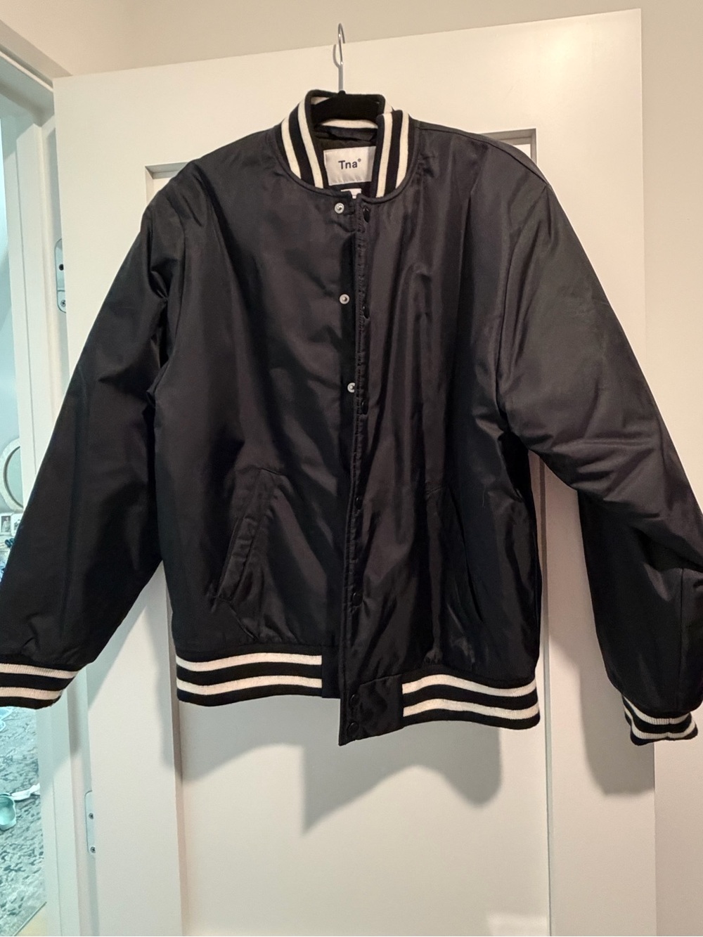 Aritzia Black Bomber Jacket with White Striped Ribbing